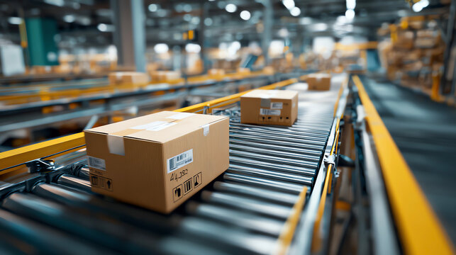 cardboard boxes moving on conveyor belts, warehouse 