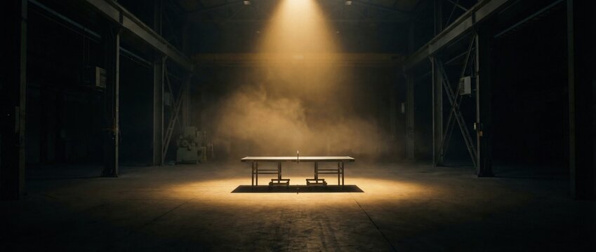 Dramatic table tennis setup inside empty warehouse, spotlight on ping pong table, sport concept