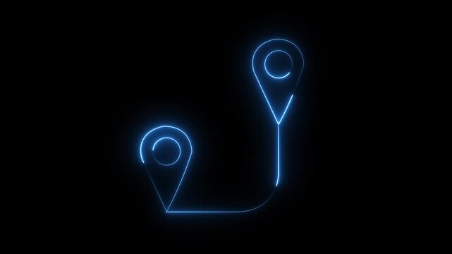 Vibrant blue neon glow animation traces a dynamic path between two distinct map location pins, highlighting a journey or navigation route on a dark abstract background, a looping graphic.