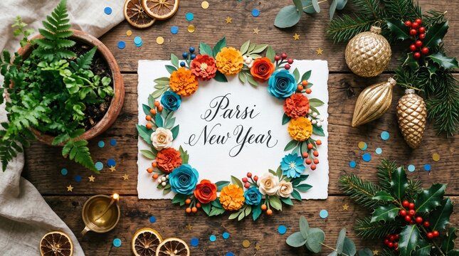 Parsi New Year Greeting Card with Colorful Paper Flowers, Binder Clip, and Decorative Ornaments on Festive Tabletop &ndash; AI-Generated.
