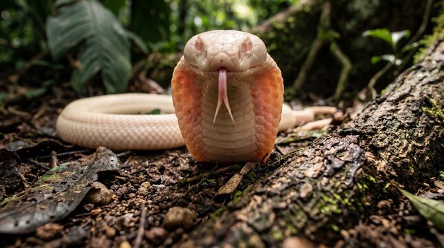 Beautiful white snake resting on dirt and dry leaves in the wild