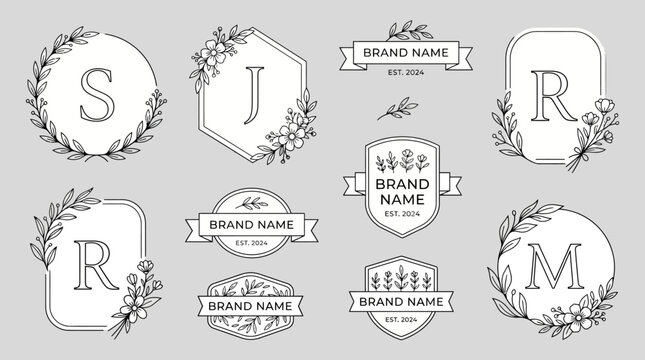 Decorative floral monogram logo collection with ornate letter badges and initial frames for branding, emblems, and typography.