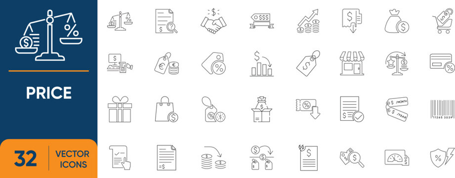 Price Icon Set. Containing Pricing, Discount, Retail, Cost, Tag, Estimate, Bargain and more. Editable vector Line icons collection.