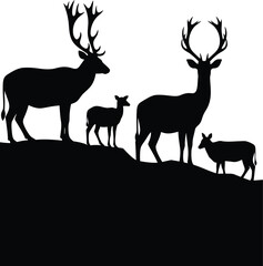 Naklejka premium Deer Family Silhouette on Hilltop Isolated on White