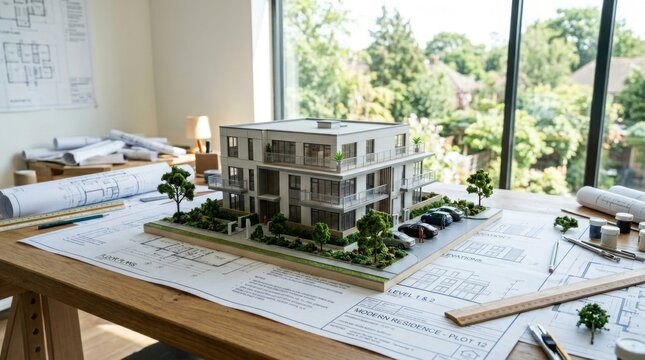 Miniature model modern two-story building top blueprints appears Architectural