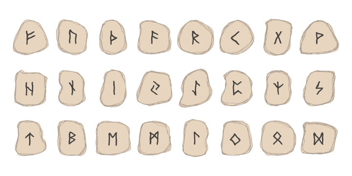Set of hand drawn viking runes Rune stones with ancient norse alphabet characters engraved on them Scandinavian futhark germanic celtic Single element for design, print, web, decor
