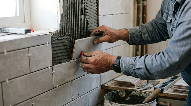 Man laying tiles on a wall in a construction site with tools