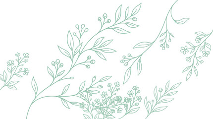 Fototapeta premium Delicate mint green botanical illustration featuring leaves and small flowers, a soft floral pattern for design and backgrounds.