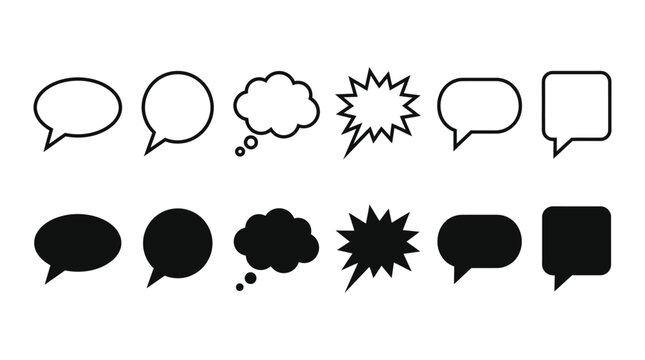 Speech bubbles icon sheet featuring outline and solid comic dream thought chat boxes vector