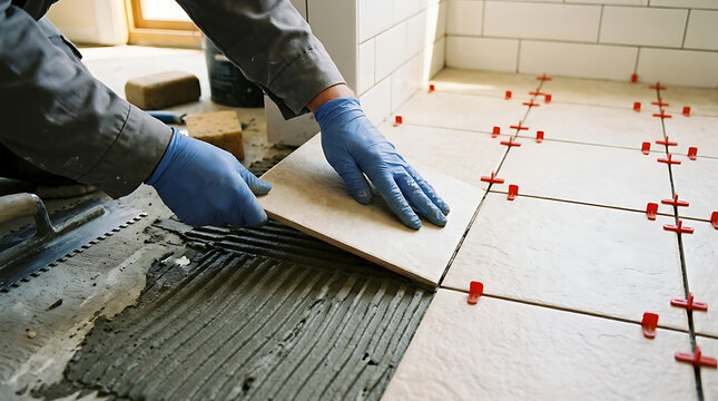 A person laying tiles on a bathroom floor with precision tools