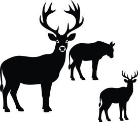 Fototapeta premium Black Deer Silhouettes Isolated on White Background