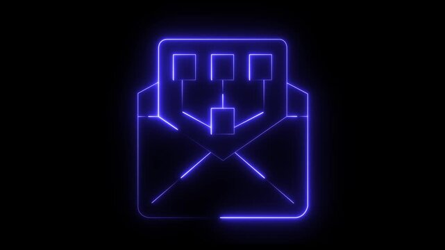 blue neon envelope with interconnected squares forming a flowchart or organizational chart, abstract digital animation loop with a futuristic glowing effect on a dark background