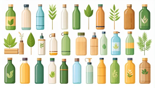 Collection of eco-friendly bottles and plant-based products, representing a sustainable lifestyle and organic goods