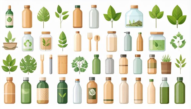 Modern eco lifestyle vector icon collection, reusable bottles, bamboo products, and recycling symbols for sustainable living