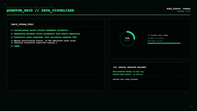 Futuristic sci fi computer interface screen with quantum grid data visualizer HUD telemetry text and green digital loading elements for tech background.