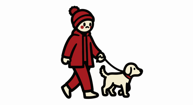 Illustration of child walking small dog on leash outdoors.
