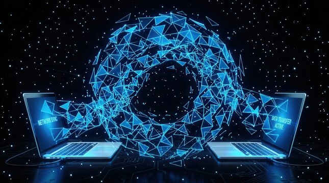 Two laptops connected by network blue triangles background Creative digital data transfer