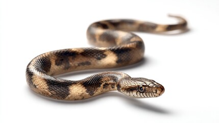 Fototapeta premium Patterned snake slithering on white background with selective focus macro photography for herpetology and wildlife education marketing