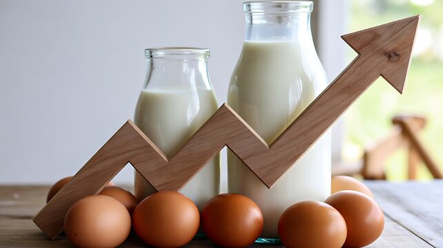 Milk bottles with eggs and rising arrow symbol showing dairy market growth and food price increase