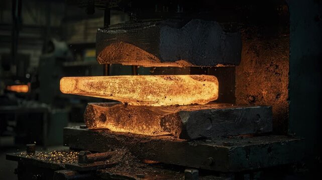 Closeup medium shot showing the heavy drop forging press molding a glowing billet into a hefty sledgehammer head emphasizing the intense heat and precision