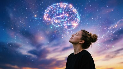 Naklejka premium Young woman her eyes closed looking up towards with glowing brain