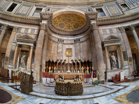 The altar of Pantheon, Roman temple of the 2th century a.d.  in the Pigna district of Rome , Italy
