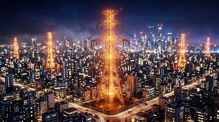 Obraz premium 3D rendering cityscape multiple electricity pylons city is Miniature grid