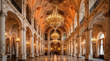 Obraz premium Ornate Grand Ballroom Interior With Chandeliers And Architectural Detail Richly Adorned Classic Design