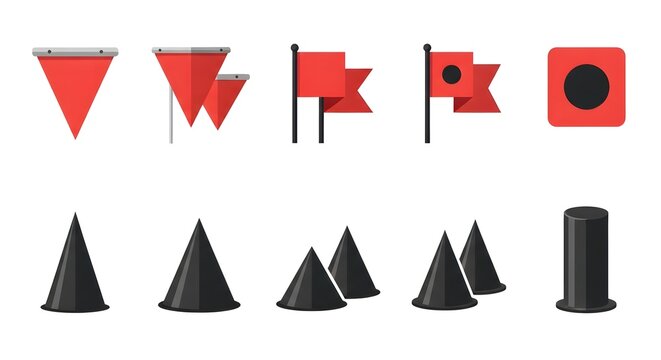 Graphic illustration of various road cones and warning flags on white background