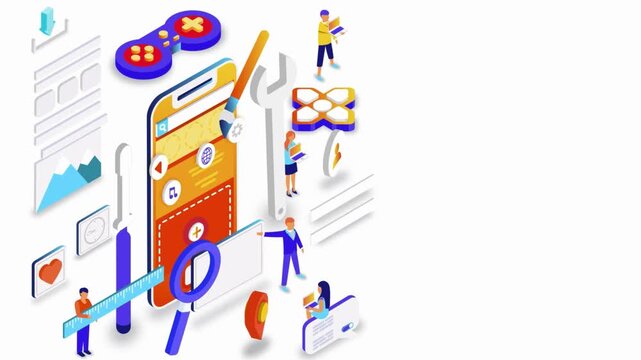 Isometric team developing mobile application interface