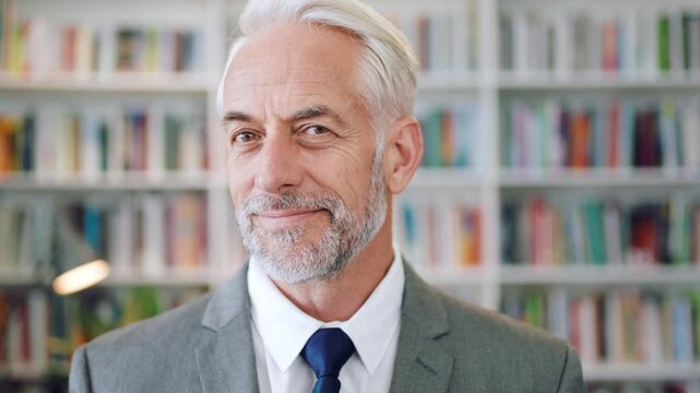 Face, history and thinking with man in library for archives, book collection or research. Idea, information and vision with mature historian in bookstore for fact verification, findings or reflection