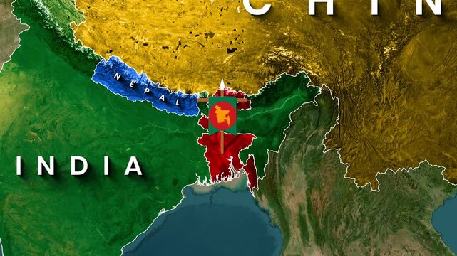 Animated map displaying the geopolitical boundaries of Bangladesh, India, Nepal, and China, with video footage