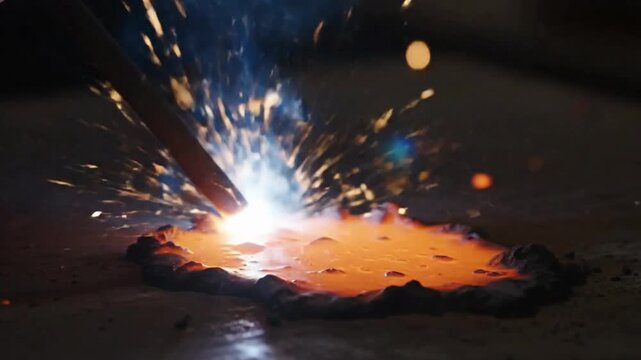 Professional arc welding, intense white-blue welding with molten steel