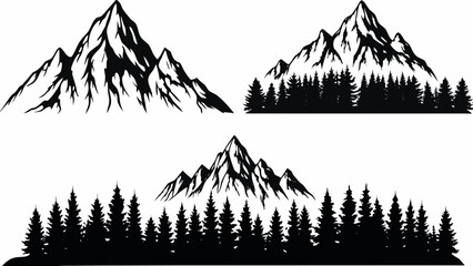 Mountain silhouettes with evergreen trees black and white vector illustration © Nipa