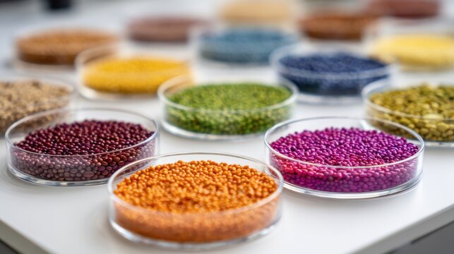 Colorful granules and pellets in glass petri dishes on white laboratory surface