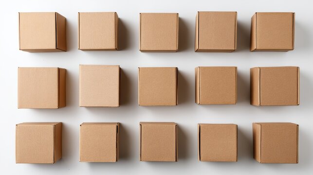Flat lay of multiple cardboard boxes neatly aligned in rows on white studio background, high detail flaps and fold lines visible