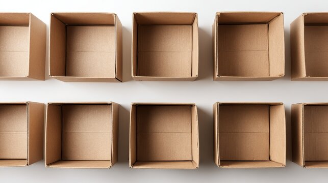 Flat lay of multiple cardboard boxes neatly aligned in rows on white studio background, high detail flaps and fold lines visible