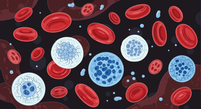 Microscopic illustration of human blood cells, including red blood cells, white blood cells, and platelets, flowing in a vessel