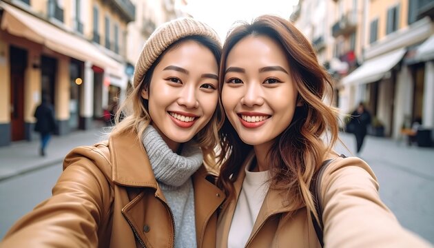 Two smiling Asian women take a selfie on a sunny European street with shops