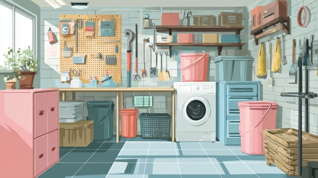 Interior layout of utility room with hanging tools, plastic bins, storage lockers, and compact furniture, flat colorful vector drawing