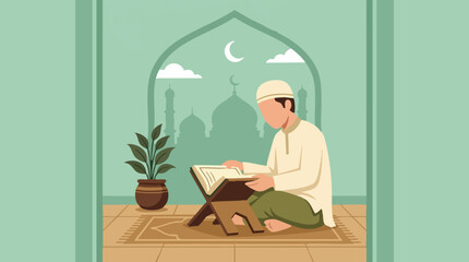 Fototapeta premium Muslim man reading Quran on prayer mat with mosque silhouette in arch window