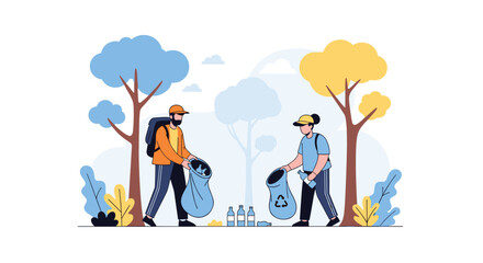 Obraz premium Environmentally conscious volunteers work together to pick up plastic bottles and litter in a beautiful public park area.