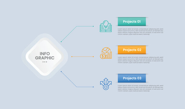 Rhombus base shape infographic with glossy gradient style with main left shape with vertical stack list with three segment information