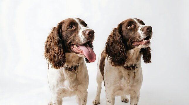 Two english springer spaniel dogs with collars on white background
