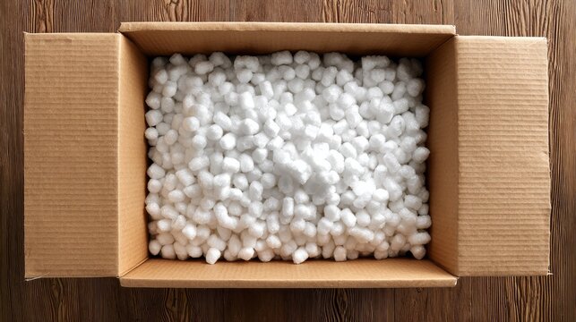 Open cardboard shipping box filled with white polystyrene packing peanuts, top view showing soft cushioning texture against brown kraft interior