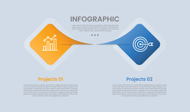 Rhombus base shape infographic with glossy gradient style with main shape with long smooth sharp edge with opposite direction comparison with two segment information