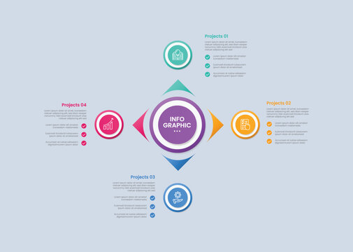 Rhombus base shape infographic with glossy gradient style with big main center with sharp arrow on circular cycle with four segment information