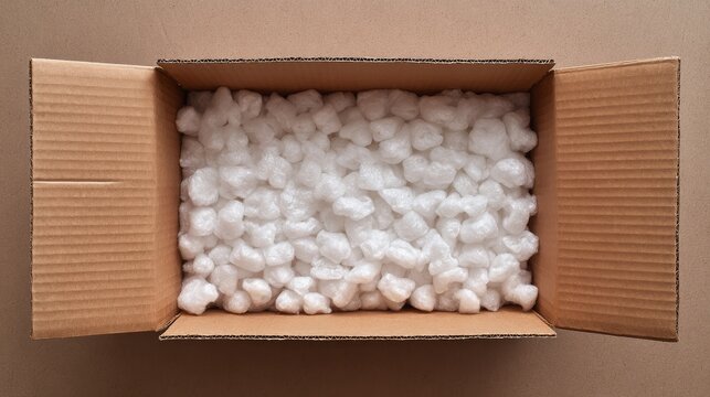 Open cardboard shipping box filled with white polystyrene packing peanuts, top view showing soft cushioning texture against brown kraft interior