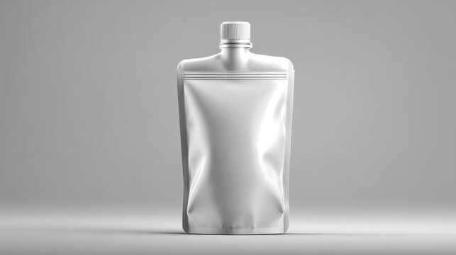 Realistic vector illustration of a blank white doypack pouch with corner spout cap, soft shadows and highlights on a neutral gray background