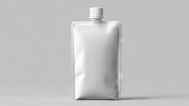 Realistic vector illustration of a blank white doypack pouch with corner spout cap, soft shadows and highlights on a neutral gray background
